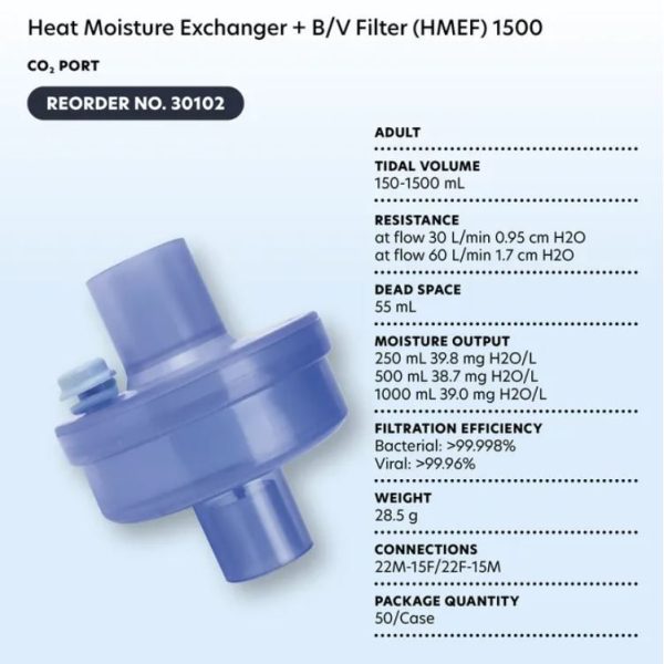 Heat Moisture Exchanger + Filter (HMEF) 1500 w/ B/V Filter & CO2 Port