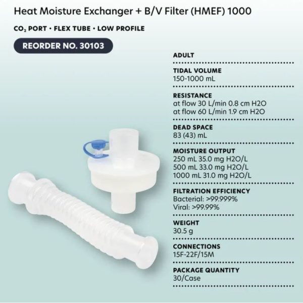 Heat Moisture Exchanger + B/V Filter (HMEF) 1000 - CO2 Port & Flex Tube - Low Profile