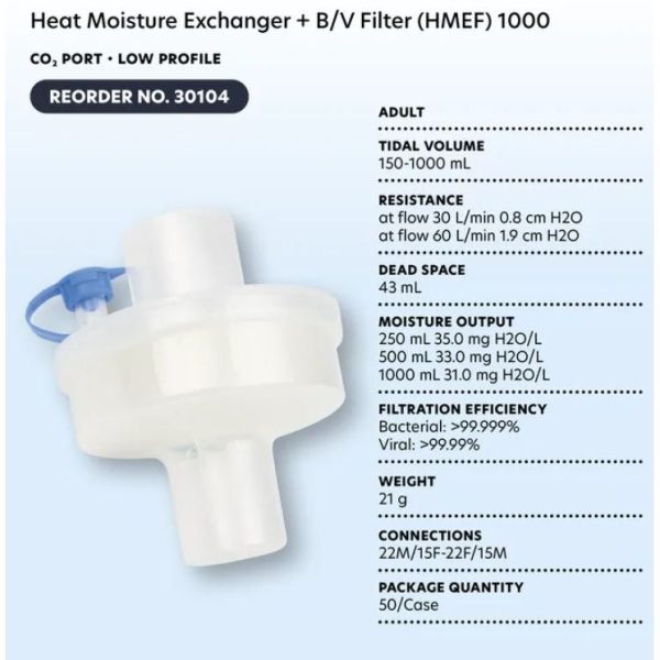 Heat Moisture Exchanger + B/V Filter (HMEF) 1000 - CO2 Port - Low Profile