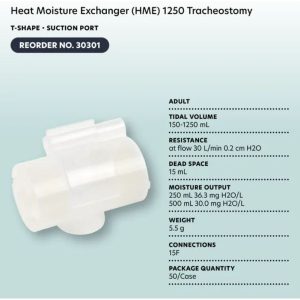 Heat Moisture Exchanger (HME) 1250 Tracheostomy - T-Shape w/ Suction Port