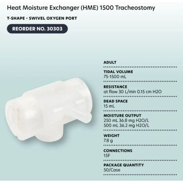 Heat Moisture Exchanger (HME) 1500 Tracheostomy - T-Shape w/ Swivel Oxygen Port